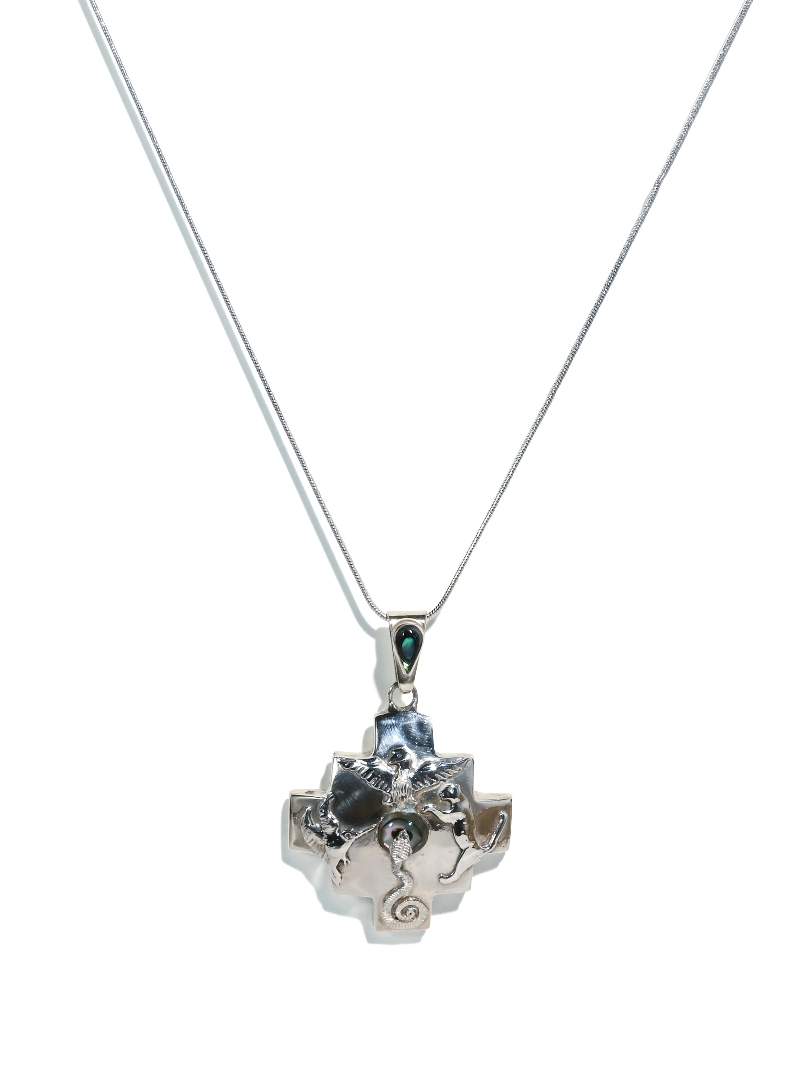 Peruvian Chakana Four Directions Totem & Abalone Pendant Necklace - Sterling Silver - Image 5